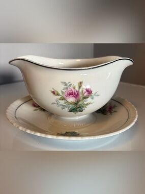 Vintage Hanover China Anniversary Gravy Boat W/Attached Under Plate. Pink Roses.